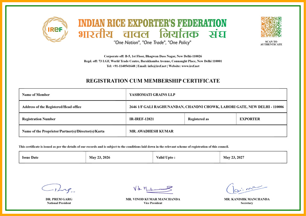 Certificate of Quality & Purity - Yashomati Grains