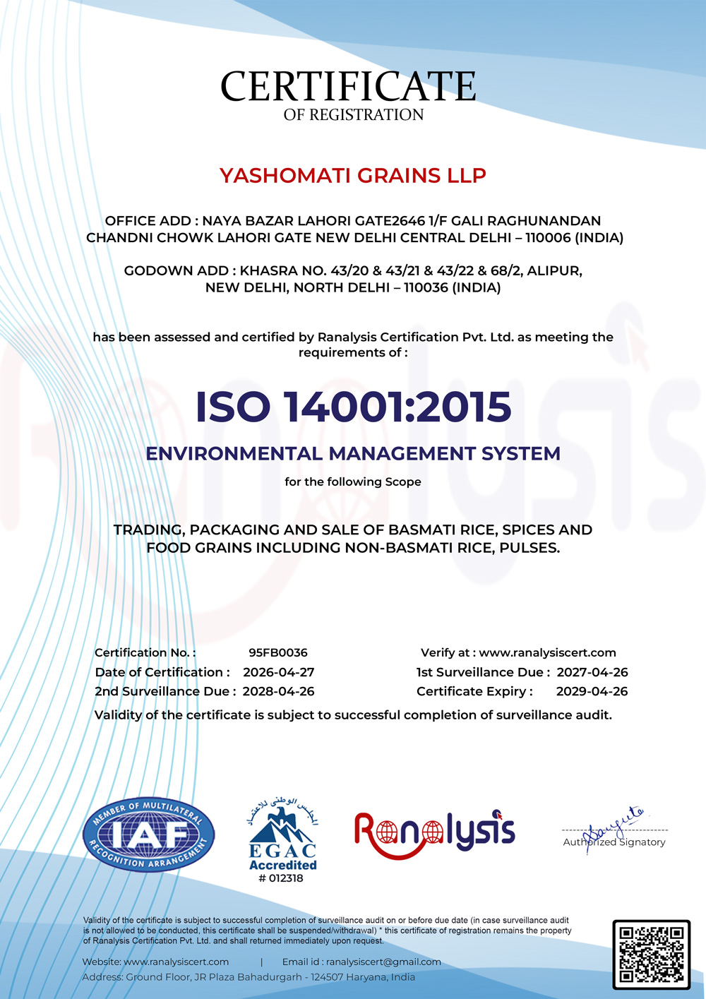 Certificate of Quality & Purity - Yashomati Grains