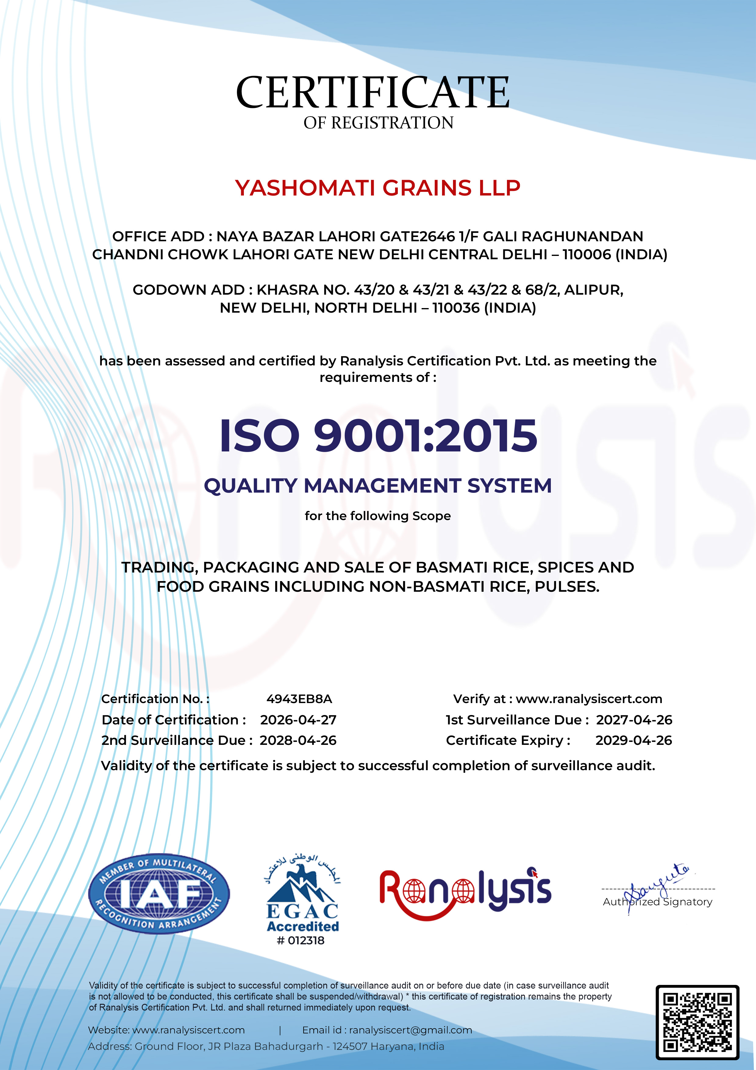 Certificate of Quality & Purity - Yashomati Grains